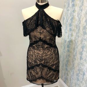 Bebe halter/off the shoulder black tie dress